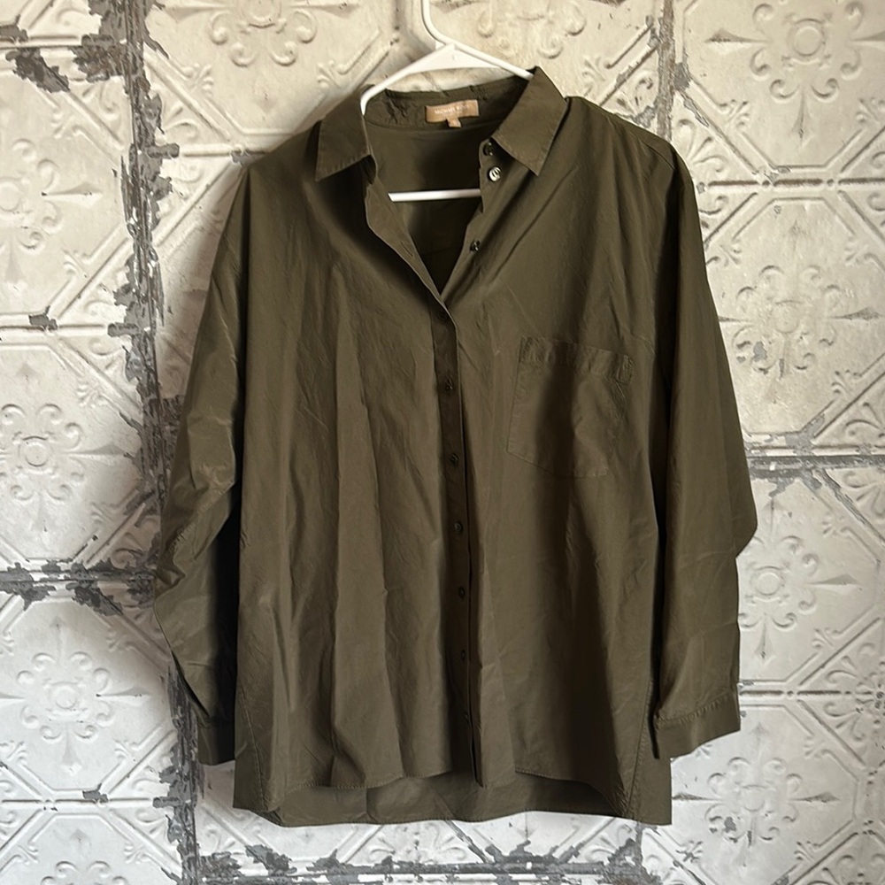 Michael Kors collection silk Italian Olive Green button up